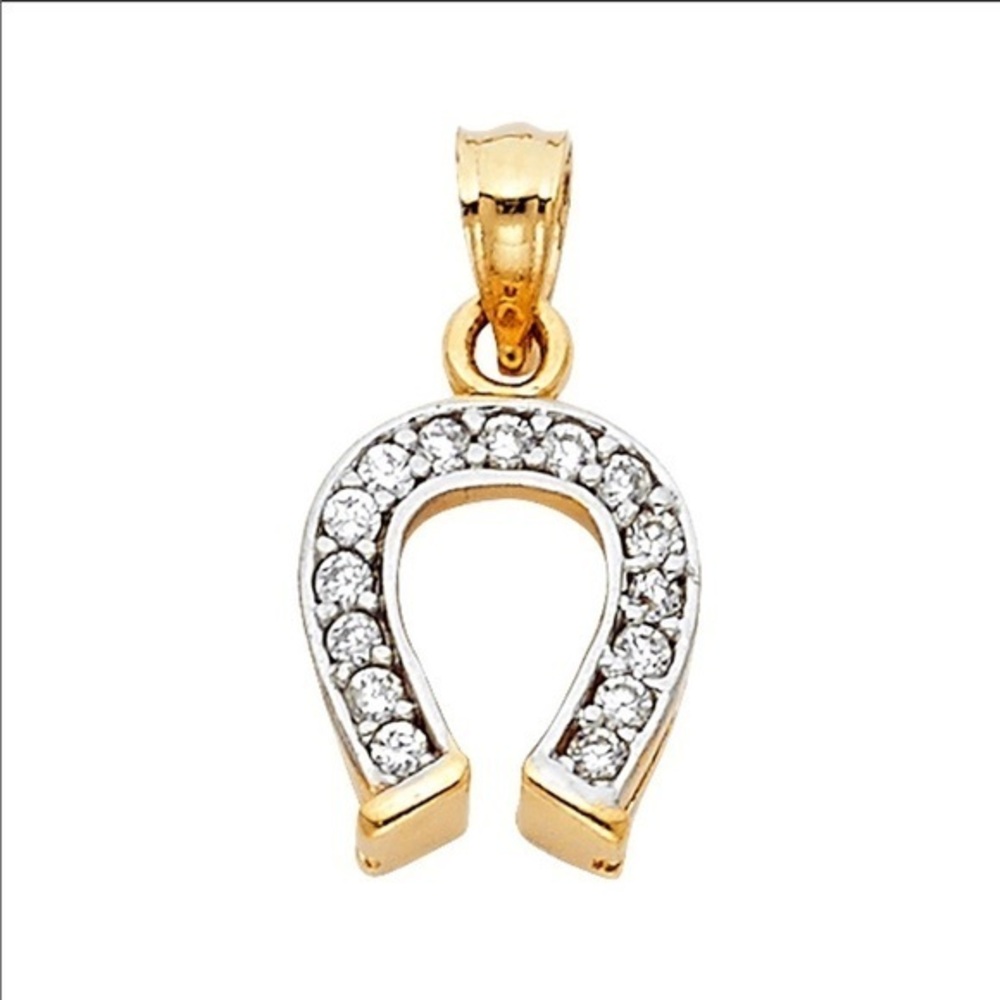 New 14k Solid Yellow Gold Horse shoe CZ Pendant